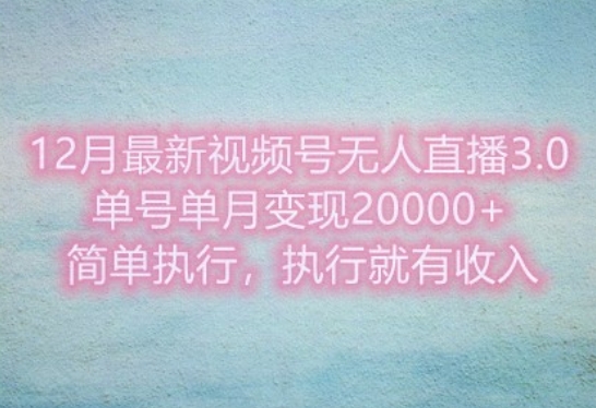 12月最新视频号无人直播3.0，单号单月变现过w，简单执行，执行就有收入-时课网赚