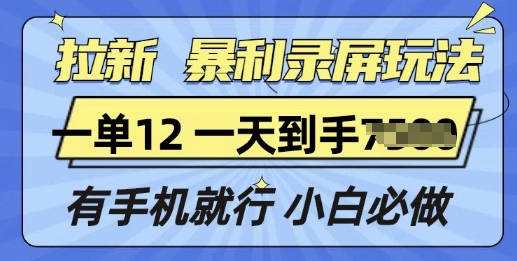 拉新暴利录屏玩法，一单12块，有手机就行，小白必做-时课网赚