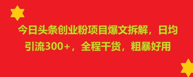 今日头条创业粉项目爆文拆解，日均引流300+，全程干货，粗暴好用-时课网赚