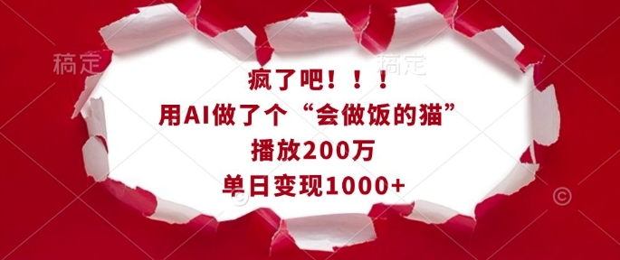 疯了吧！用AI做了个“会做饭的猫”，播放200万，单日变现1k-时课网赚