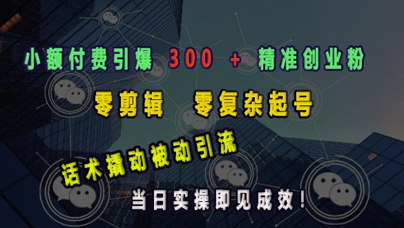 小额付费引爆 300 + 精准创业粉，零剪辑、零复杂起号，话术撬动被动引流，当日实操即见成效-时课网赚